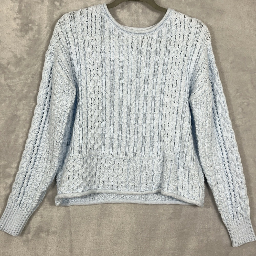 C&C California Womens Sky Blue Cable Knit Cotton Blend Crewneck Sweater M‎ Comfy